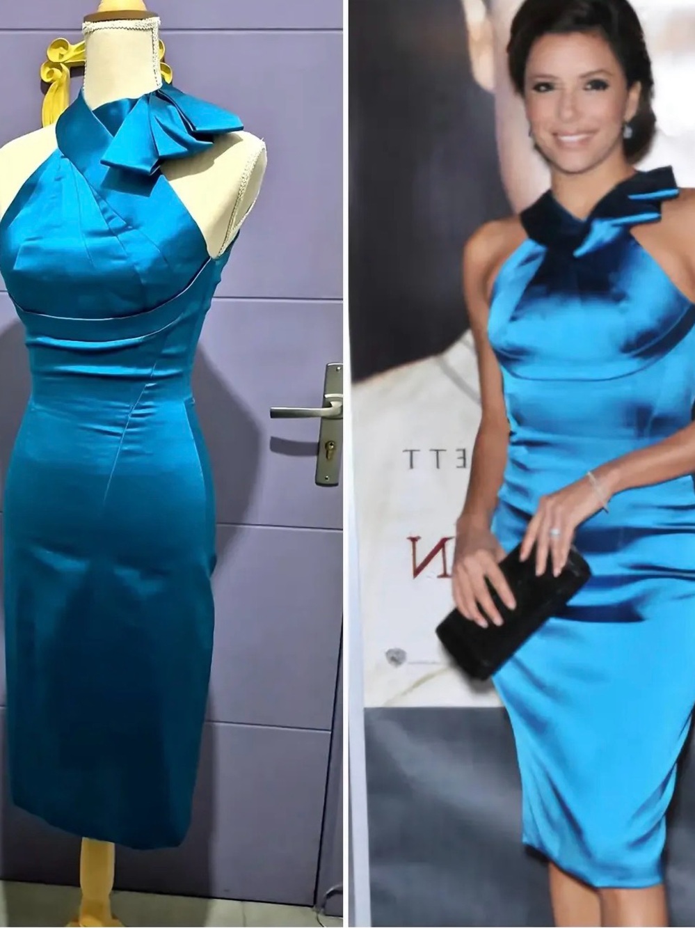 Karen Millen Teal One-Shoulder Satin Dress with Bow Detail